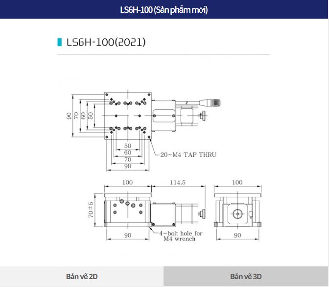 Bản vẽ kích thước LS6H-100 bàn nâng trục Z mặt bàn 100x100 mm