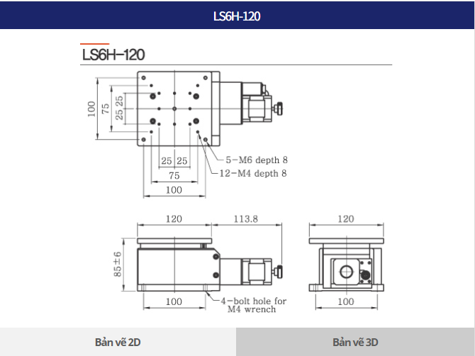 Bản vẽ LS6H-120 bàn nâng tự động trục Z mặt bàn 120x120 mm