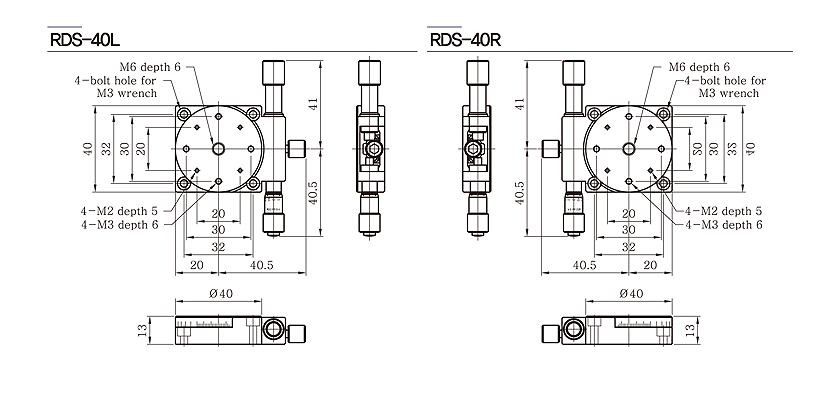 Bản vẽ RDS Manual Stage RDS-40L RDS-40R bàn tinh chỉnh xoay 1 trục