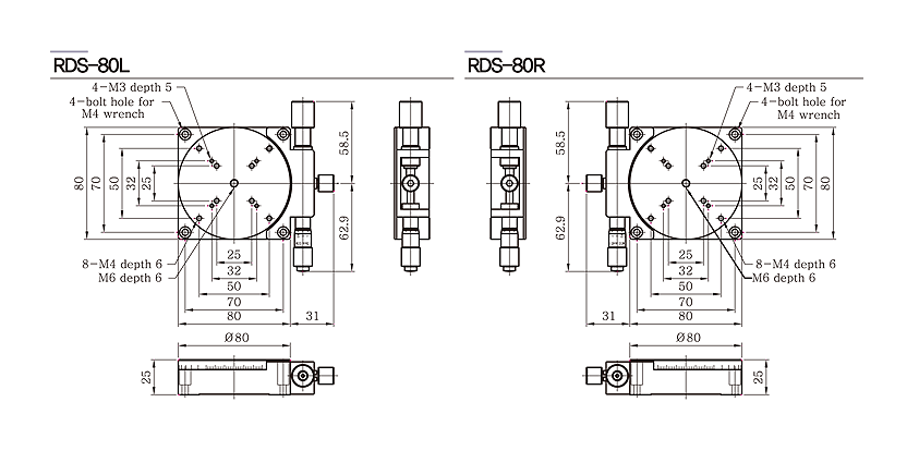 Bản vẽ bàn xoay tinh chỉnh 1 trục RDS-80L RDS-80R