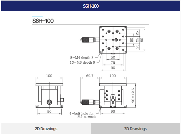 Bàn tinh chỉnh trục Z ngang mặt bàn 100×100 mm, hành trình ±12.5 mm, tải trọng 5 kgf, phù hợp chi tiết lớn hơn.
