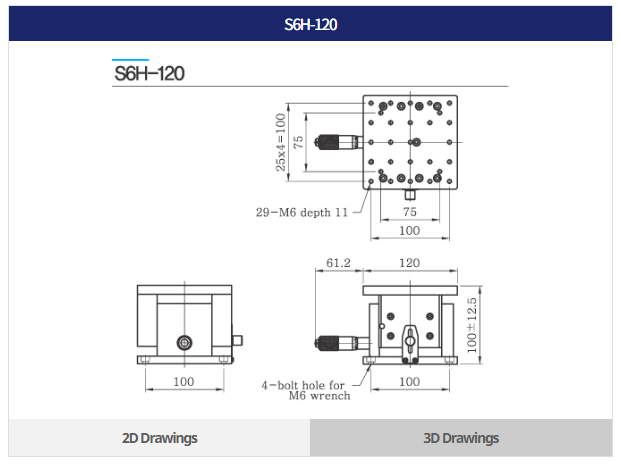 S6H-120 Model mặt bàn 120×120 mm, hành trình ±12.5 mm, tải trọng 6 kgf, dùng cho hệ thống cần độ ổn định cao.