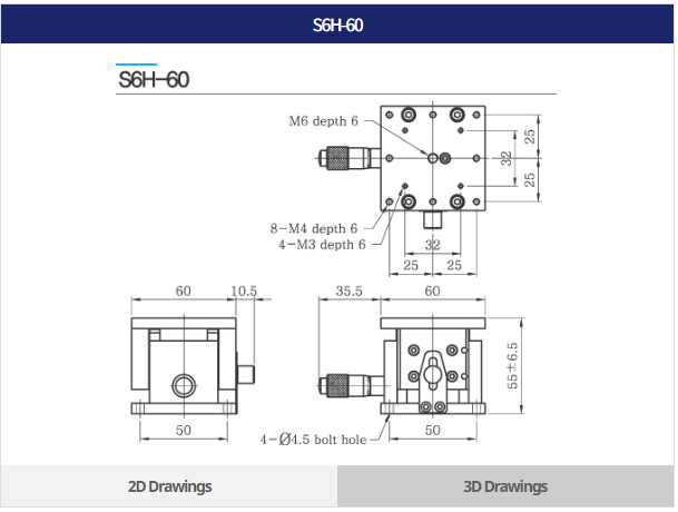 Bàn tinh chỉnh trục Z ngang mặt bàn 60×60 mm, hành trình ±6.5 mm, tải trọng 3 kgf, phù hợp gá đặt và đo kiểm.
