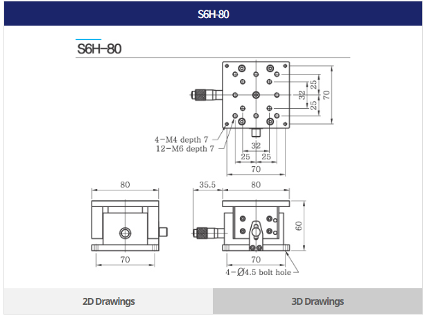 Model S6H bàn tinh chỉnh mặt bàn 80×80 mm, dẫn hướng Crossed Roller Bearing, độ chia 0.01 mm, tải trọng 4 kgf.