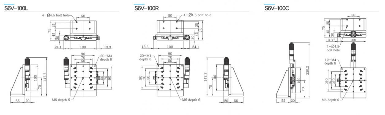Model S6V mặt bàn 100×100 mm, hành trình ±12.5 mm, tải trọng 5.5 kgf, phù hợp gá đặt cần diện tích lớn.