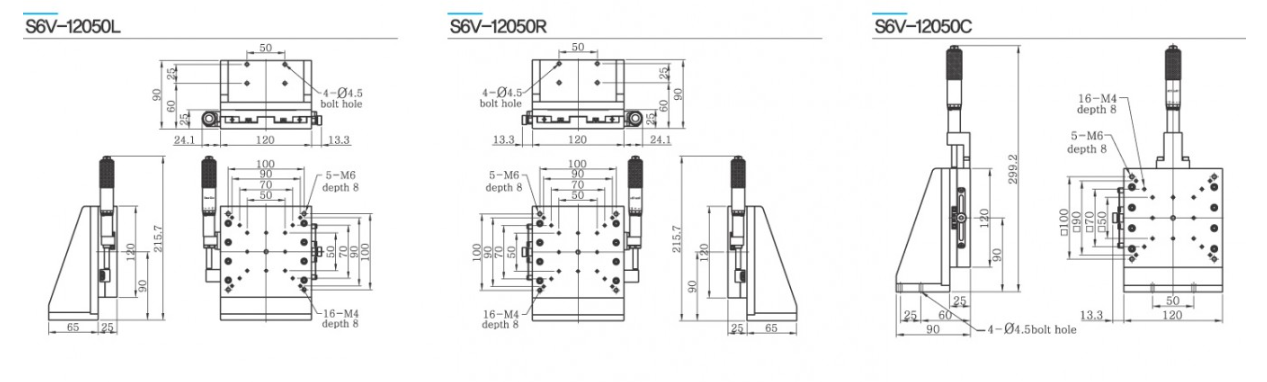 Model hành trình dài trong S6V Series, mặt bàn 120×120 mm, hành trình ±25 mm, tải trọng 6.5 kgf.