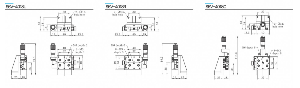 Model S6V mặt bàn 40×40 mm, dẫn hướng Cross Roller, độ chia 0.01 mm, dùng cho căn chỉnh chiều cao chính xác.