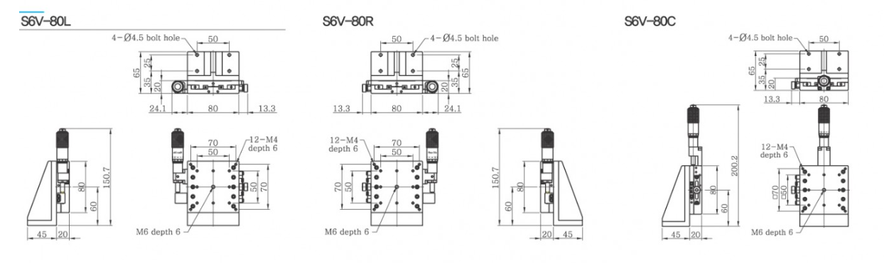 Bàn tinh chỉnh trục Z mặt bàn 80×80 mm, hành trình ±12.5 mm, tải trọng 5 kgf, phù hợp chi tiết lớn hơn.