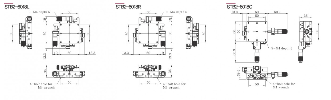 Bản vẽ STB2-6018 bàn tinh chỉnh 2 trục XY mặt bàn 60x60mm