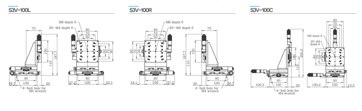 Bàn tinh chỉnh 3 trục XYZ dọc, mặt bàn 100×100 mm, S3V-100L - trái, S3V-100R - phải, S3V-100C - giữa