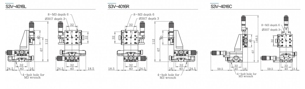 Bàn tinh chỉnh 3 trục XYZ dọc, mặt bàn 40×40 mm, S3V-4016L - trái, S3V-4016R - phải, S3V-4016C - giữa