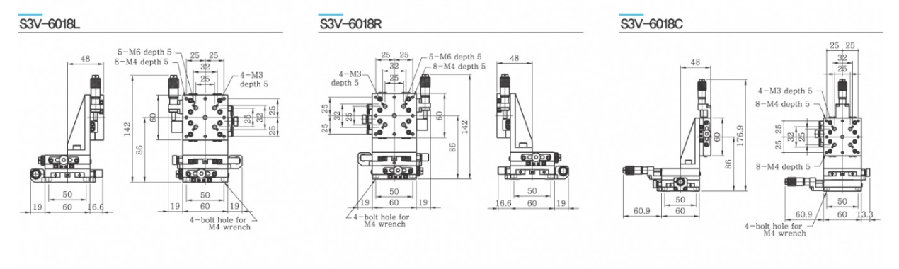 Bàn tinh chỉnh 3 trục XYZ dọc, mặt bàn 60×60 mm, S3V-6018L - trái, S3V-6018R - phải, S3V-6018C - giữa