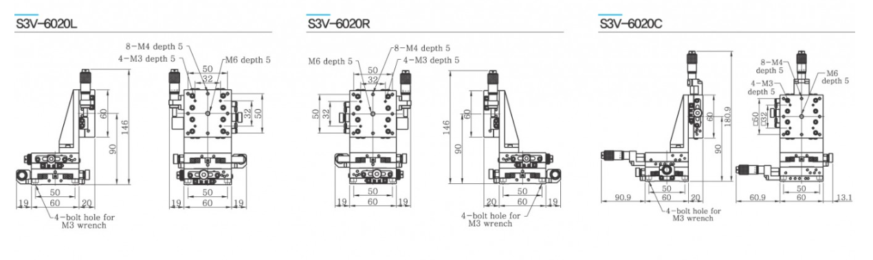 Bàn tinh chỉnh 3 trục XYZ dọc, mặt bàn 60×60 mm, S3V-6020L - trái, S3V-6020R - phải, S3V-6020C - giữa