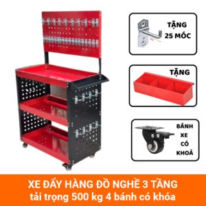 Xe đẩy đồ nghề 3 tầng tải trọng 500kg màu đỏ đen sơn tĩnh điện – pegboard treo dụng cụ chuyên nghiệp cho xưởng cơ khí