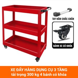 Xe đẩy hàng 3 tầng 4 bánh tải trọng 300kg sơn tĩnh điện đỏ có tay nắm và bánh xe khóa