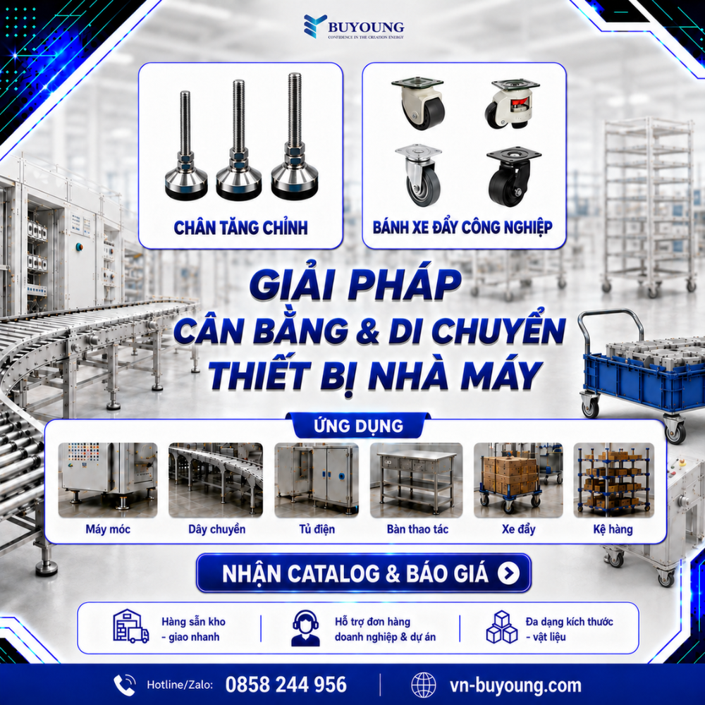 bánh xe công nghiệp, chân tăng chỉnh cho dây chuyền, băng tải nhà máy