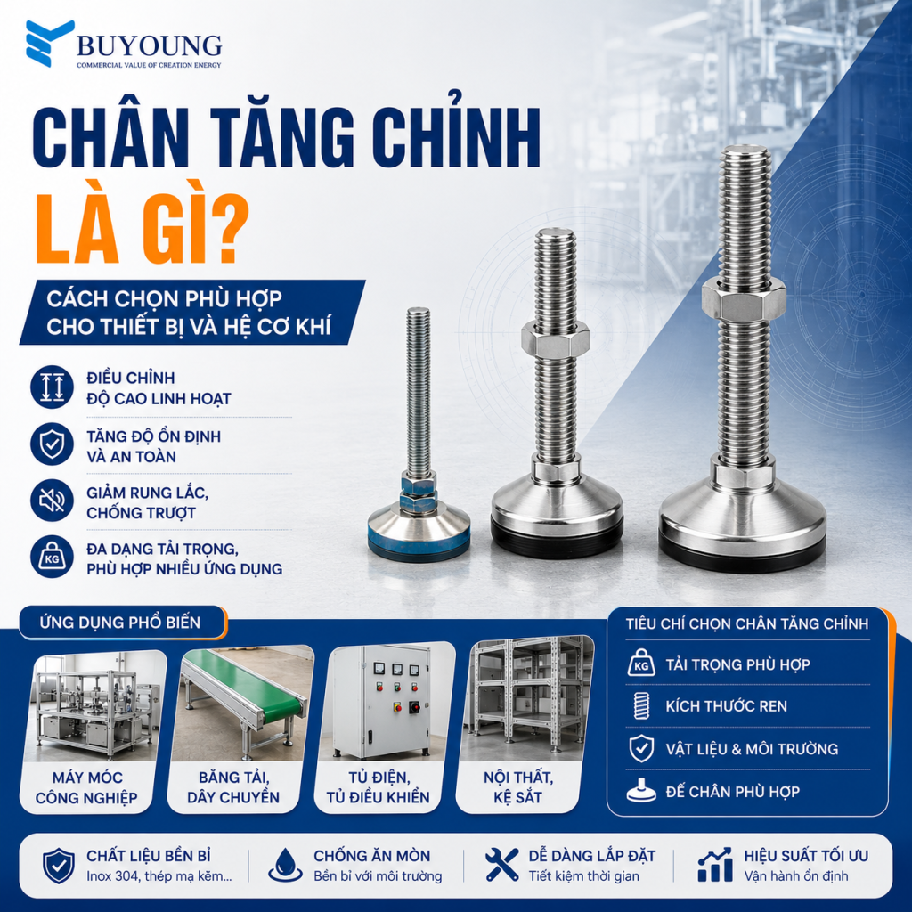 chân tăng chỉnh cho dây chuyền, máy móc CNC, giúp chống rung, giảm ồn