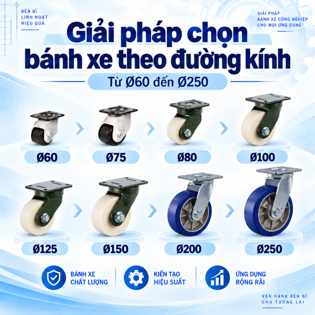 giải pháp lựa chọn bánh xe theo đường kính bánh D50.D75,D100,D125,D150,D200,D250