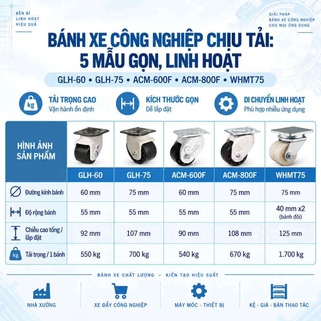 so sánh các mã bánh xe GLH, ACM, tải trọng 500-750kg